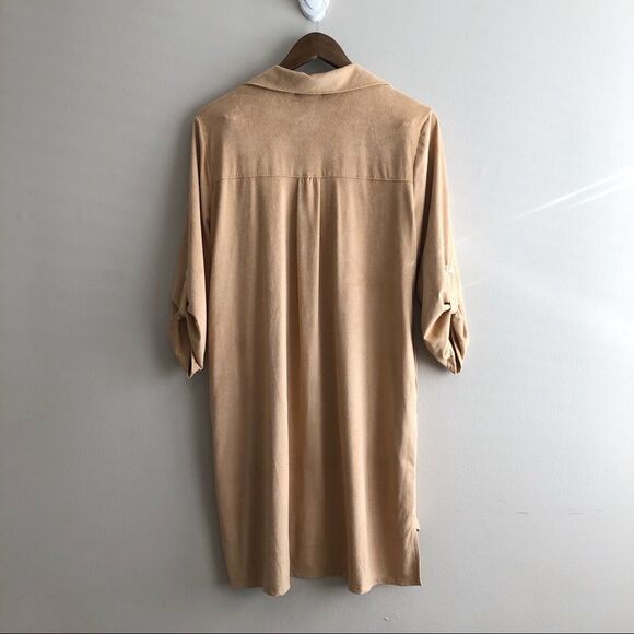 Cha Cha Vente Soft Suede Flowy Relaxed VNeck 3/4 Sleeve Mini Dress Tan - Picture 9 of 13